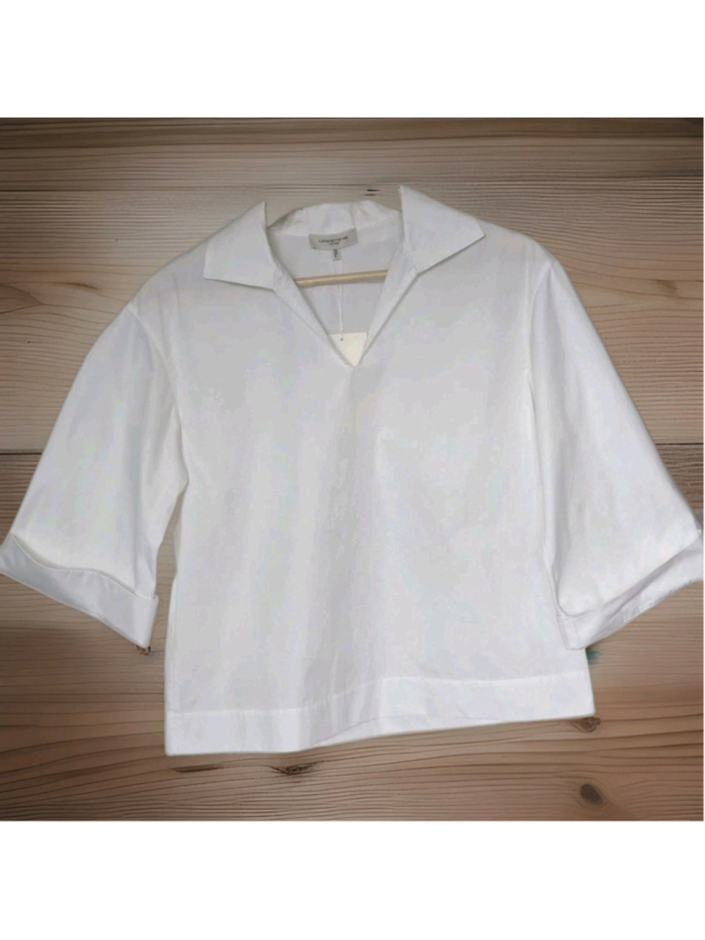 Lafayette 148 White KindCotton Collared Popover V Neck Old Money Shirt Sz S